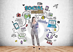 Businesswoman with different social media icons, communication and network