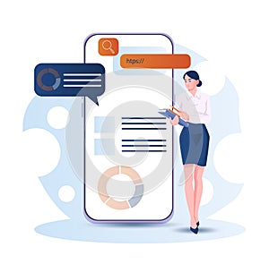 Businesswoman with digital analytics screen. Vector illustration