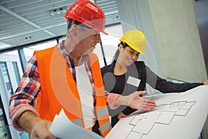 Businesswoman discussing over blueprint with a architect