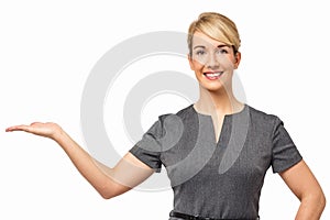 Businesswoman Displaying Invisible Product