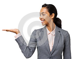 Businesswoman Displaying Invisible Product