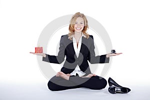 Businesswoman doing yoga break