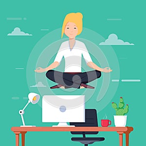 Businesswoman doing yoga to calm down the stressful emotion from hard work in office over desk with office