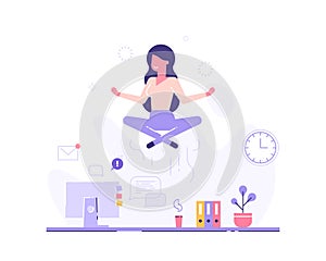 Businesswoman doing yoga to calm down the stressful emotion from hard work in office over desk with office process icons on