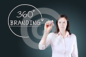 Businesswoman drawing a 360 degrees Branding concept on the virtual screen. Blue background.