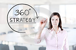 Businesswoman drawing a 360 degrees Strategy concept on the virtual screen. Office background.