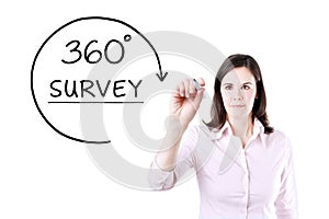 Businesswoman drawing a 360 degrees Survey concept on the virtual screen.