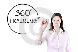 Businesswoman drawing a 360 degrees Training concept on the virtual screen.