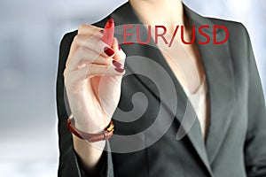 Businesswoman drawing eur and usd on a virtual graph by a