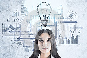 Businesswoman with drawing light bulb and business sketch