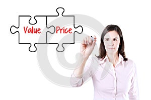 Businesswoman drawing a Value Price puzzle concept on the virtual screen.