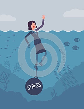 Businesswoman drowning chained with a weight Stress