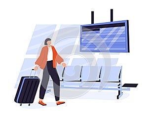 Businesswoman or entrepreneur carrying suitcase hurries to board departing aircraft. Concept of business travel