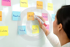 Businesswoman executive writing and taking notes keyword on board wall to planning about a new business project for marketing