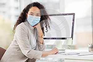 Businesswoman and face mask with computer for planning, research and ideas to combat workplace virus or germs. Female