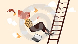 Businesswoman falling from career ladder, woman flying down stairs due to broken steps