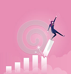 Businesswoman falling down from broken growth rate diagram - Business concept vector