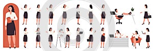 Businesswoman, female office worker set, woman talking, standing in different poses