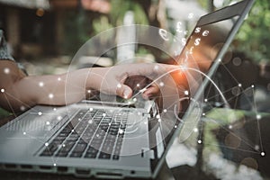 Businesswoman Finger Hand Pointing on Laptop Monitor While Access Information Banking Connecting With Virtual Screen for Money