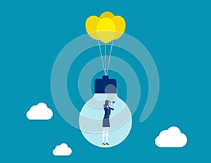 Businesswoman flying with some balloons and searching, Concept business vector, Light bulb, Outdoor
