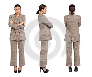 Businesswoman front in gray chequer suit , side, back view, isolated on white