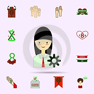 Businesswoman, gear color icon. Universal set of 8 march for website design and development, app development
