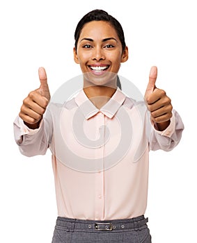 Businesswoman Gesturing Thumbs Up Against White Background