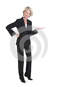 Businesswoman gesturing on white background