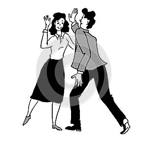 Businesswoman giving a high five to male colleague in meeting. Business professionals high five during a meeting.