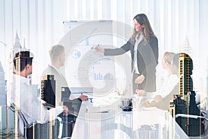 Businesswoman Giving Presentation To Colleagues Amidst Buildings