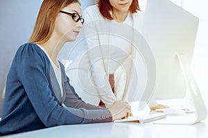 Businesswoman giving presentation to her female colleague while they sitting at the desk with computer. Group of