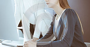 Businesswoman giving presentation to her female colleague while they sitting at the desk with computer. Group of