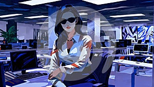 Businesswoman in glasses sitting in office. AI generated illustration in pop art style.