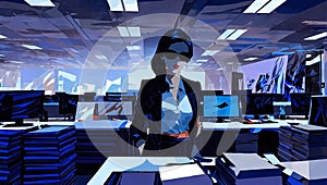 Businesswoman in glasses sitting in office. AI generated illustration in pop art style.