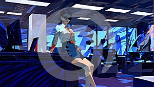 Businesswoman in glasses standing in office. AI generated illustration in pop art style.