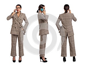 Businesswoman in gray chequer suit calling front, side, back view, isolated on white