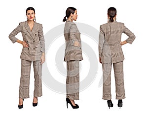 Businesswoman in gray chequer suit posing front, side, back view, isolated on white