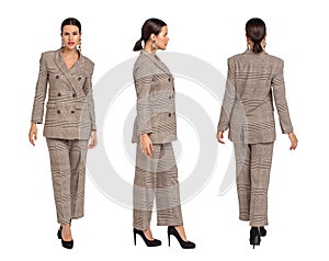 Businesswoman in gray chequer suit walking front, side, back view, isolated on white