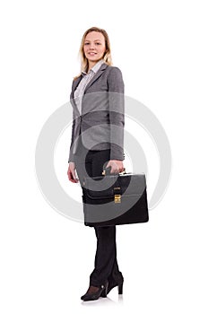 Businesswoman in gray suit isolated on white