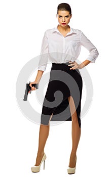 Businesswoman with gun isolated