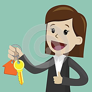 Businesswoman hand buying a house. Realtors hand giving keys to client. Real Estate Concept