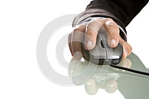 Businesswoman hand close up on computer mouse