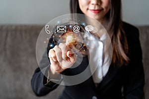 Businesswoman hand pointing email and chat message icon, Customer support hotline