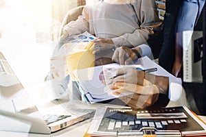 businesswoman hand working with laptop computer, tablet and smart phone in modern office with virtual icon diagram at modernoffice