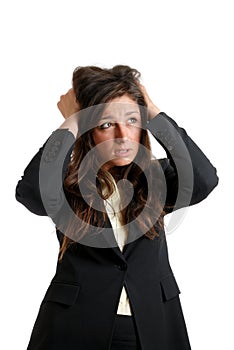 Businesswoman hands on head due to failure