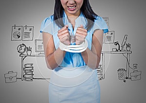 Businesswoman hands tied up in rope