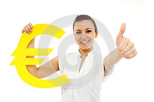 Businesswoman happy thumb up with euro symbol photo