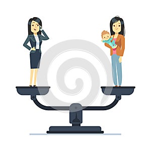 Businesswoman and happy woman kid on scales. Work and life balance business vector concept