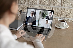 Businesswoman have webcam conference with diverse colleagues