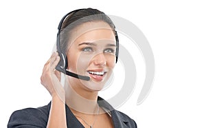 Businesswoman, headset and assistant in studio, customer service and crm on white background. Female person, call centre